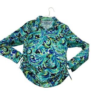 IBKUL Womens Blue Green Paisley IceFil Sun Shirt Quarter Zip Ruched Sides Large